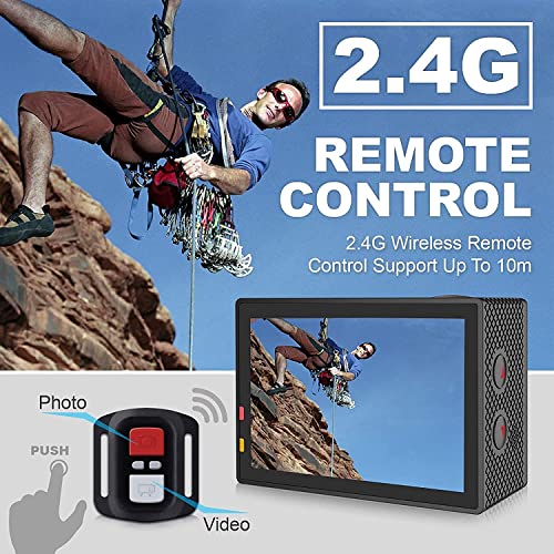 Yolansin Cámara de acción 4K 30FPS/60FPS 20MP WiFi 40m Cámara subacuática impermeable EIS Cámara deportiva con gran angular de 170° Videocámara HD DV con control remoto 2.4G Cámara de casco (4K 30FPS)