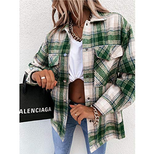 Yuanxianglong Chaqueta De Camisa De Mezcla De Lana A Cuadros para Mujer, Chaqueta Informal De Manga Larga con Botones, Abrigo Suelto con Cuello De Solapa De Moda 2021 (Verde)