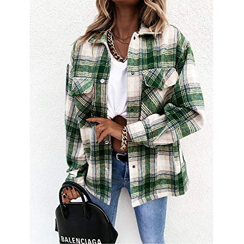 Yuanxianglong Chaqueta De Camisa De Mezcla De Lana A Cuadros para Mujer, Chaqueta Informal De Manga Larga con Botones, Abrigo Suelto con Cuello De Solapa De Moda 2021 (Verde)