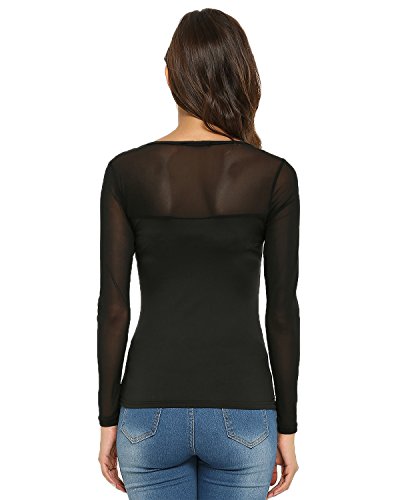 ZANZEA Mujer Camisetas Transparentes Sexy Deep V Low Cut Camisas Manga Larga Casual Tops Blusas y Camisas Fiesta Camisetas 003-Negro FR 2503 36