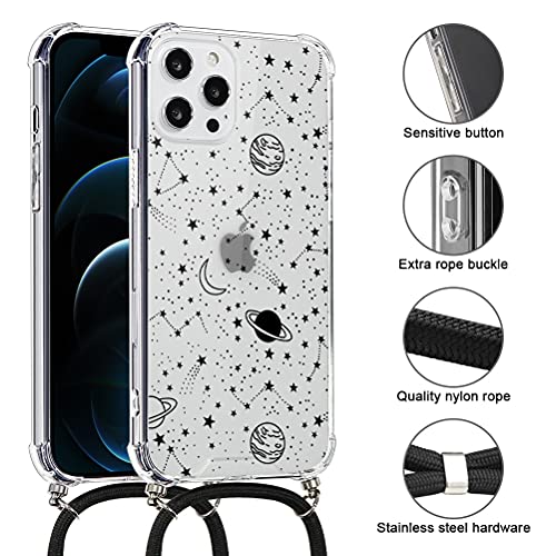 ZhuoFan Funda con Cuerda para iPhone 11 Pro Carcasa Transparente con Dibujos PC et TPU Suave Silicona Case con Correa Colgante Ajustable Antigolpes Fundas para iPhone 11Pro Cuerda Negra, 10 Universo