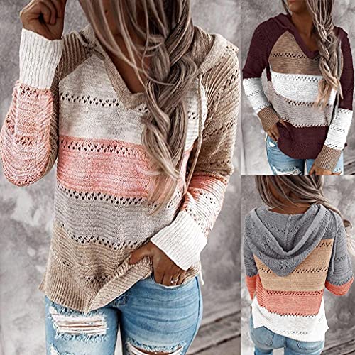 Zilosconcy Sudadera Mujer con Capucha Tejido de Punto Jersey Patchwork Mujer Otoño Invierno Talla Grande Hoodie Suelto Sólido Manga Larga Sweatshirt Tops Chica