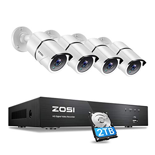 ZOSI 4K Kit de Videovigilancia Exterior 4CH H.265+ 8MP Grabadora DVR con (4) Cámara de Seguridad Interior Hogar, Visión Nocturna, Alarma de Movimiento, 2TB Disco Duro